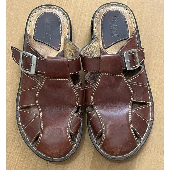 Born Leather Fisherman Sandals Brown Comfort Slip On Buckle Womens 6.5 Shoe - Picture 2 of 6